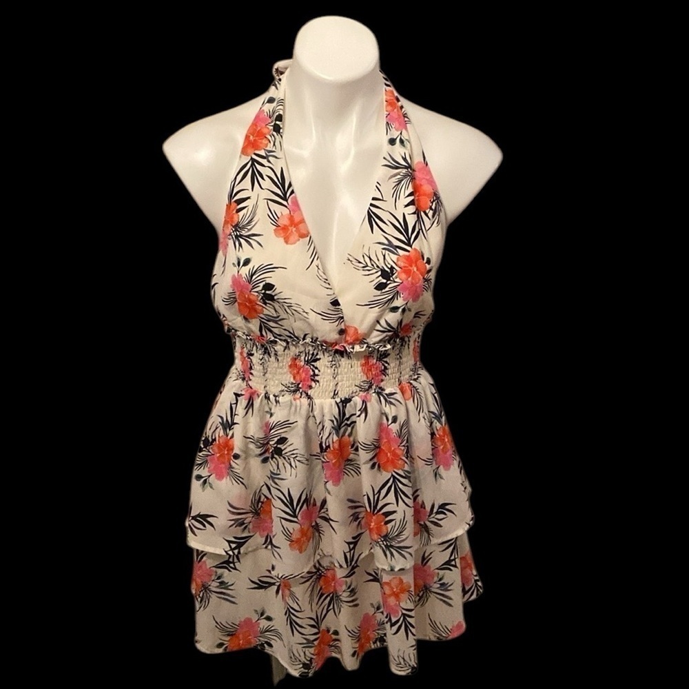 Madden NYC White Pink Floral Tropical Smocked Halter Mini Dress Size Small